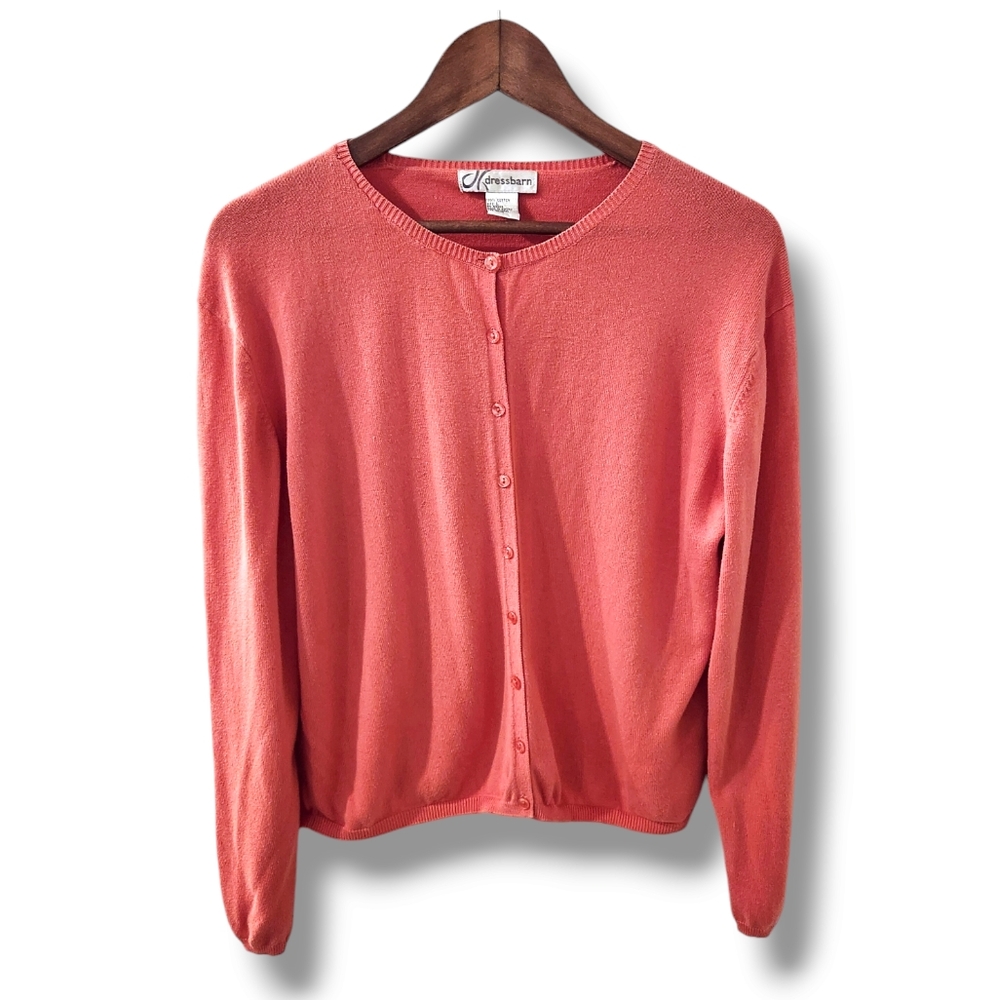 Dressbarn Coral Long Sleeve Button Front Cotton Knit Cardigan Sweater | Large